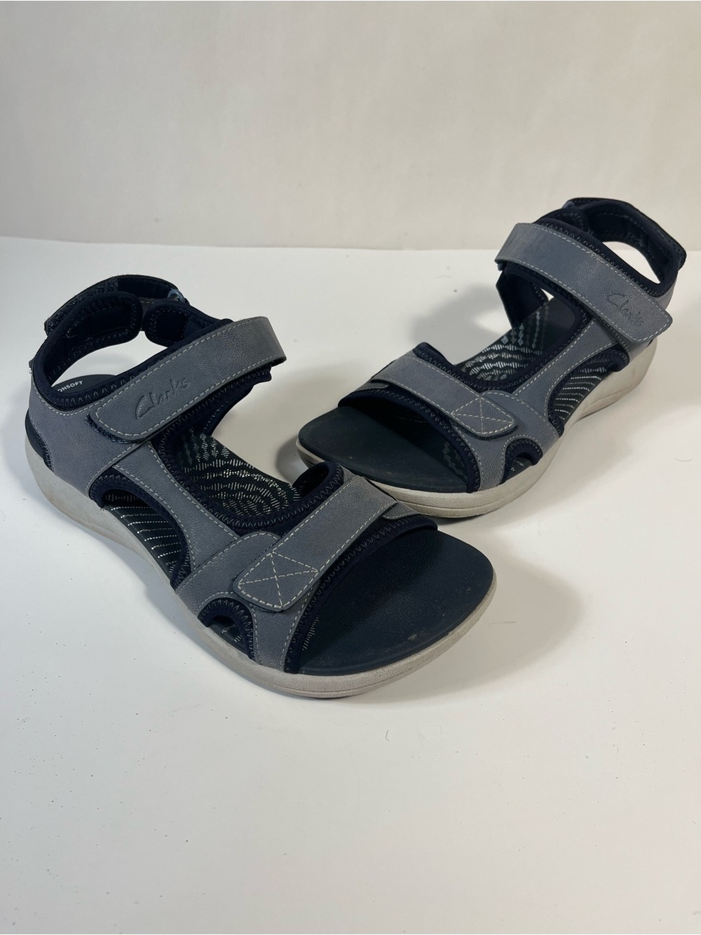 Clarks Mira Bay Clousteppers Adjustable Sandals Blue Grey Lightweight Sz 7